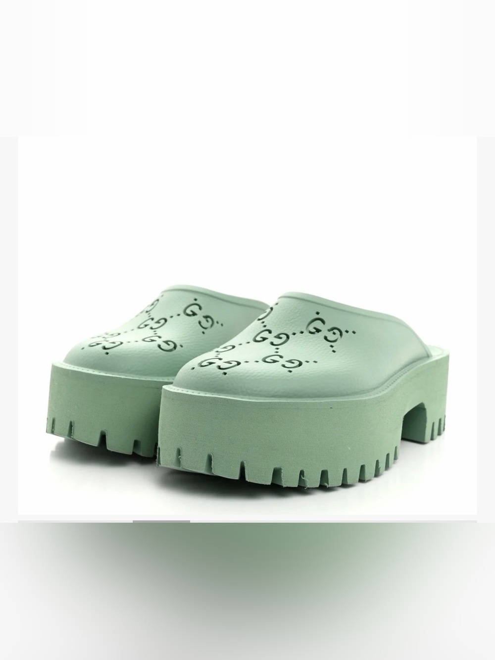 Gucci Rubber GG Monogram Perforated Elea
Platform 55mm Lug Sole Sandals- Size 35